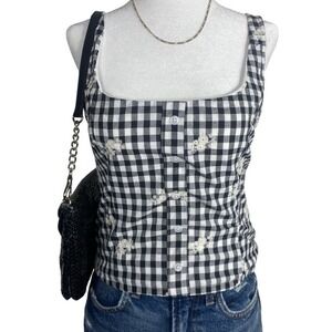 Cottagecore‎ Gingham Button Front Top Women's Medium Floral Farmcore